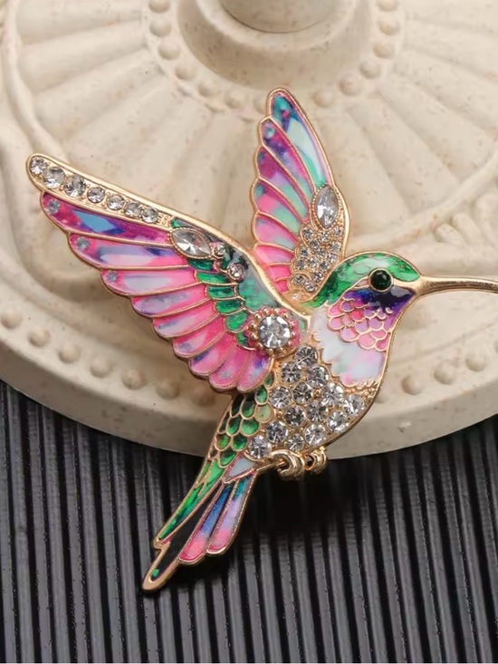 Jewelry - Hummingbird brooch pin Enamel and Crystal Brooch - Pink Green